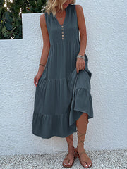 Notch Neck Buttoned Sleeveless Tiered Midi Dress