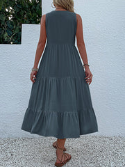 Notch Neck Buttoned Sleeveless Tiered Midi Dress