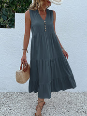 Notch Neck Buttoned Sleeveless Tiered Midi Dress