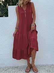 Notch Neck Buttoned Sleeveless Tiered Midi Dress