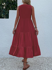Notch Neck Buttoned Sleeveless Tiered Midi Dress