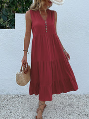 Notch Neck Buttoned Sleeveless Tiered Midi Dress