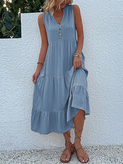 Notch Neck Buttoned Sleeveless Tiered Midi Dress