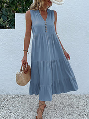Notch Neck Buttoned Sleeveless Tiered Midi Dress