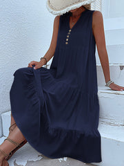 Notch Neck Buttoned Sleeveless Tiered Midi Dress