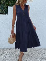 Notch Neck Buttoned Sleeveless Tiered Midi Dress