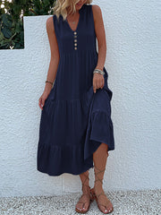 Notch Neck Buttoned Sleeveless Tiered Midi Dress