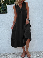 Notch Neck Buttoned Sleeveless Tiered Midi Dress