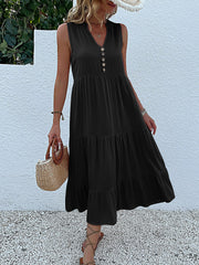 Notch Neck Buttoned Sleeveless Tiered Midi Dress