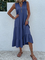 Notch Neck Buttoned Sleeveless Tiered Midi Dress