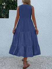 Notch Neck Buttoned Sleeveless Tiered Midi Dress