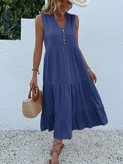 Notch Neck Buttoned Sleeveless Tiered Midi Dress