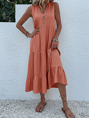 Notch Neck Buttoned Sleeveless Tiered Midi Dress