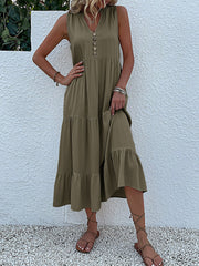 Notch Neck Buttoned Sleeveless Tiered Midi Dress