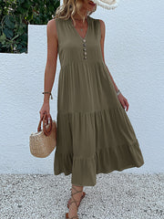 Notch Neck Buttoned Sleeveless Tiered Midi Dress