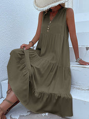Notch Neck Buttoned Sleeveless Tiered Midi Dress
