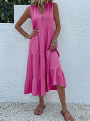 Notch Neck Buttoned Sleeveless Tiered Midi Dress