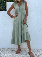 Notch Neck Buttoned Sleeveless Tiered Midi Dress