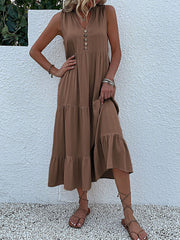 Notch Neck Buttoned Sleeveless Tiered Midi Dress