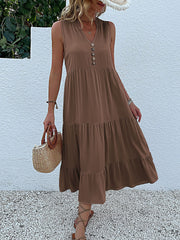 Notch Neck Buttoned Sleeveless Tiered Midi Dress