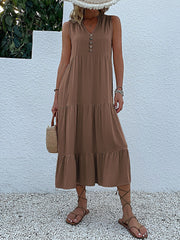 Notch Neck Buttoned Sleeveless Tiered Midi Dress