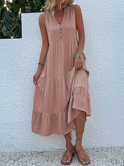 Notch Neck Buttoned Sleeveless Tiered Midi Dress
