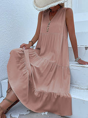 Notch Neck Buttoned Sleeveless Tiered Midi Dress