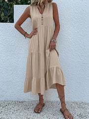 Notch Neck Buttoned Sleeveless Tiered Midi Dress