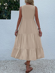 Notch Neck Buttoned Sleeveless Tiered Midi Dress