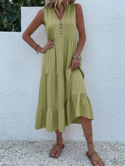 Notch Neck Buttoned Sleeveless Tiered Midi Dress