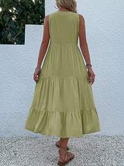 Notch Neck Buttoned Sleeveless Tiered Midi Dress