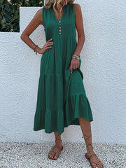 Notch Neck Buttoned Sleeveless Tiered Midi Dress