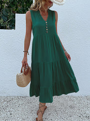 Notch Neck Buttoned Sleeveless Tiered Midi Dress