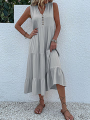 Notch Neck Buttoned Sleeveless Tiered Midi Dress