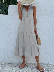 Notch Neck Buttoned Sleeveless Tiered Midi Dress