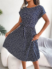 Retro-Chic All-Over Blooms Short Sleeves Floral Pleated Waist Detail Midi Casual Dress