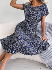 Retro-Chic All-Over Blooms Short Sleeves Floral Pleated Waist Detail Midi Casual Dress