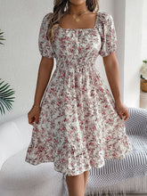 Vintage Floral & Tropical Prints Floral Off Shoulder Puff Sleeves Smocked A-Line Dress