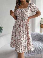 Vintage Floral & Tropical Prints Floral Off Shoulder Puff Sleeves Smocked A-Line Dress