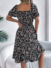 Vintage Floral & Tropical Prints Floral Off Shoulder Puff Sleeves Smocked A-Line Dress