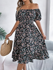 Vintage Floral & Tropical Prints Floral Off Shoulder Puff Sleeves Smocked A-Line Dress