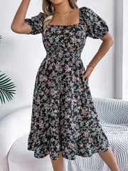 Vintage Floral & Tropical Prints Floral Off Shoulder Puff Sleeves Smocked A-Line Dress