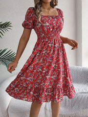 Vintage Floral & Tropical Prints Floral Off Shoulder Puff Sleeves Smocked A-Line Dress