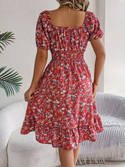 Vintage Floral & Tropical Prints Floral Off Shoulder Puff Sleeves Smocked A-Line Dress