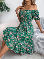 Vintage Floral & Tropical Prints Floral Off Shoulder Puff Sleeves Smocked A-Line Dress