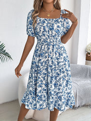 Vintage Floral & Tropical Prints Floral Off Shoulder Puff Sleeves Smocked A-Line Dress