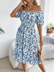 Vintage Floral & Tropical Prints Floral Off Shoulder Puff Sleeves Smocked A-Line Dress