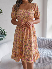 Vintage Floral & Tropical Prints Floral Off Shoulder Puff Sleeves Smocked A-Line Dress