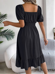 Flattering A-Line Silhouette Square Neck Puff Sleeve Smocked A-Line Midi Wedding Dress