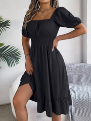 Flattering A-Line Silhouette Square Neck Puff Sleeve Smocked A-Line Midi Wedding Dress